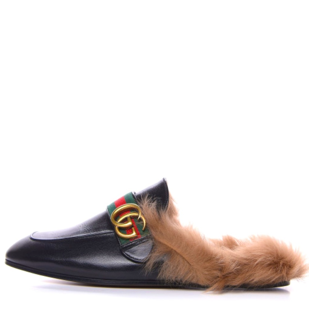 Gucci Marmont Princetown Black Leather Fur Slipper Unisex Men  Sz 8 Women 10 9.5